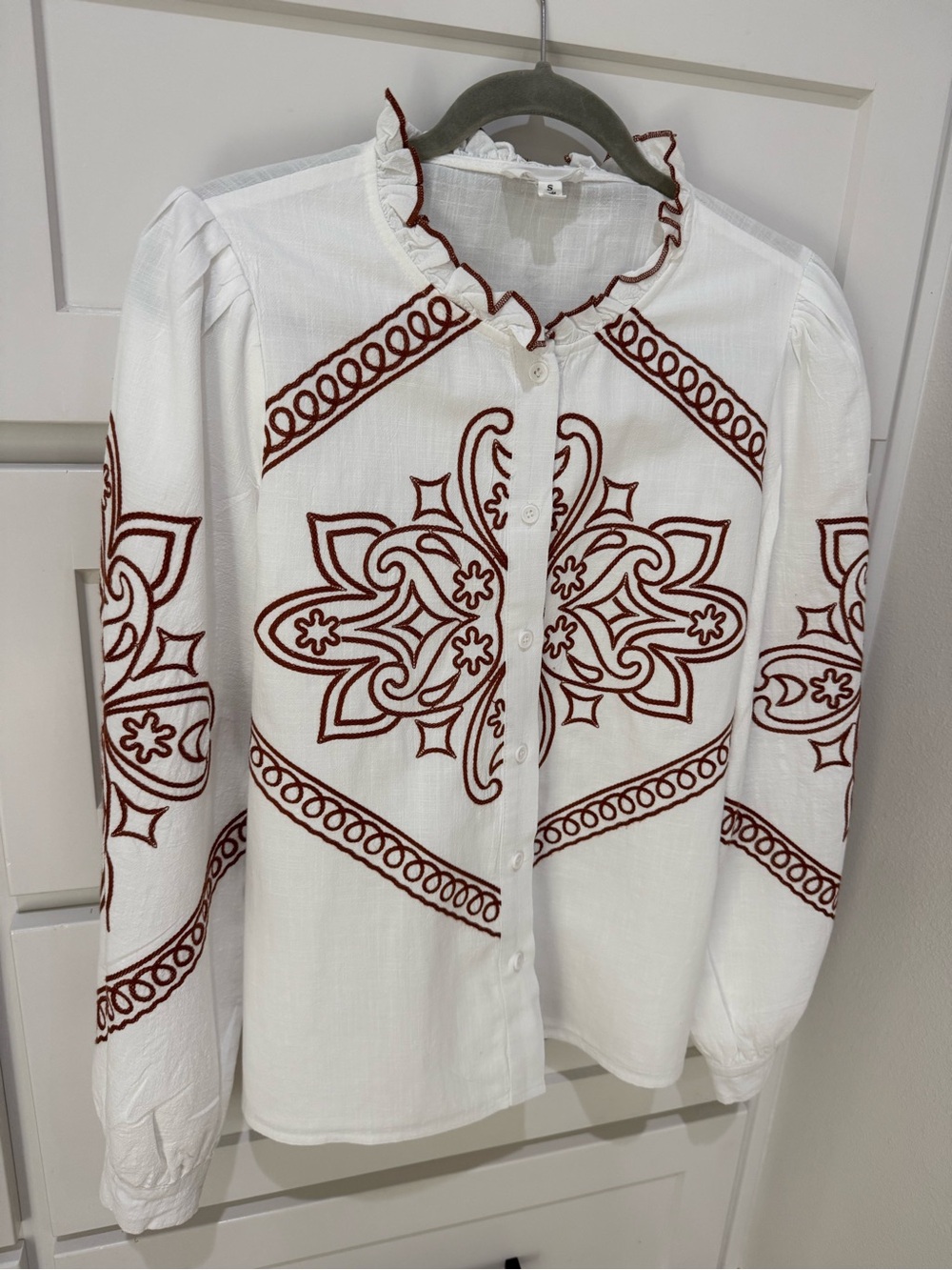Women's White Button Down with Burnt Orange Embroidery